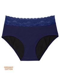 Joyja Ella period-proof panty in color Evening Blue and shape midi brief