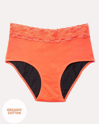 Joyja Ella period-proof panty in color Living Coral and shape midi brief