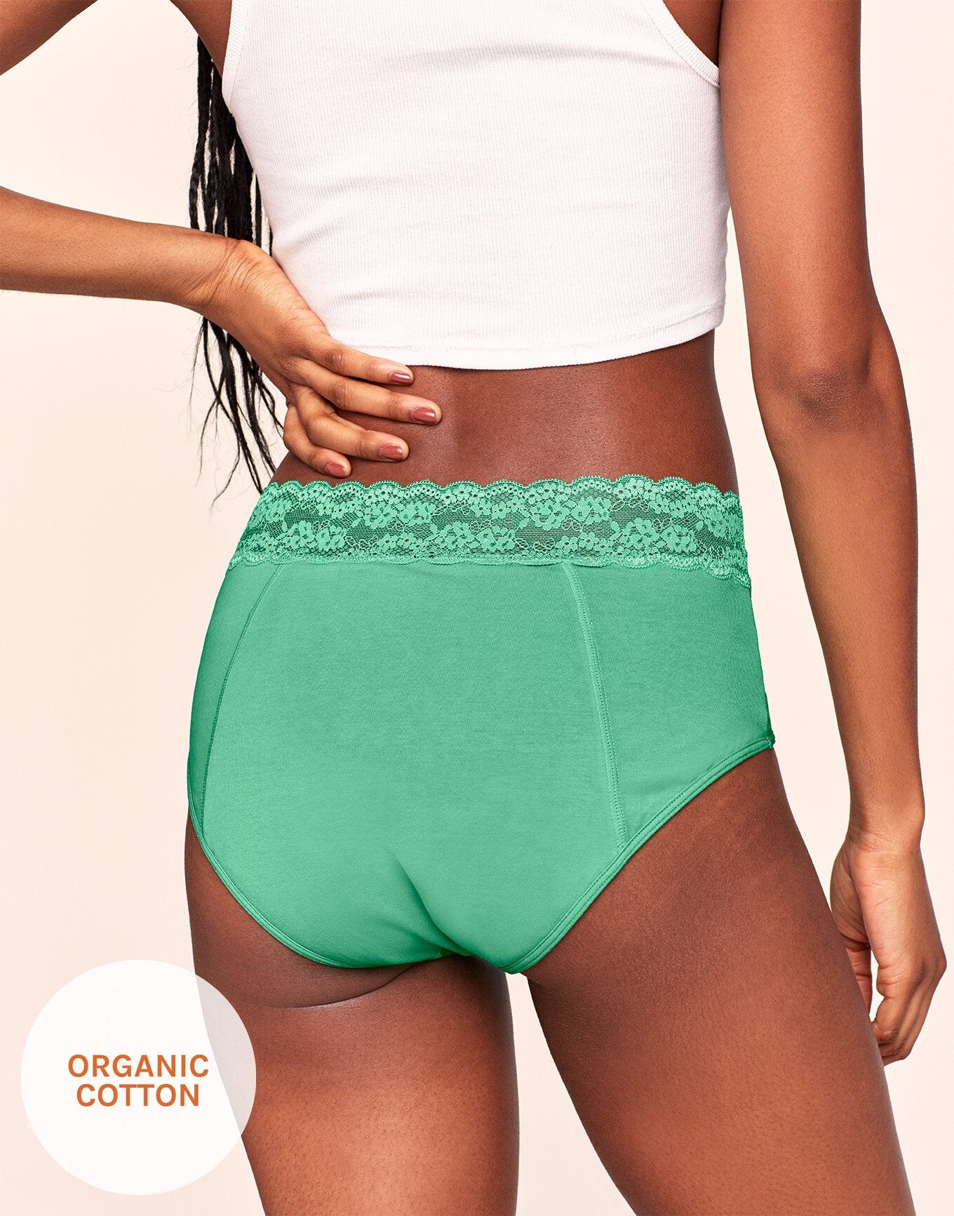 Joyja Ella period-proof panty in color Jade Cream and shape midi brief