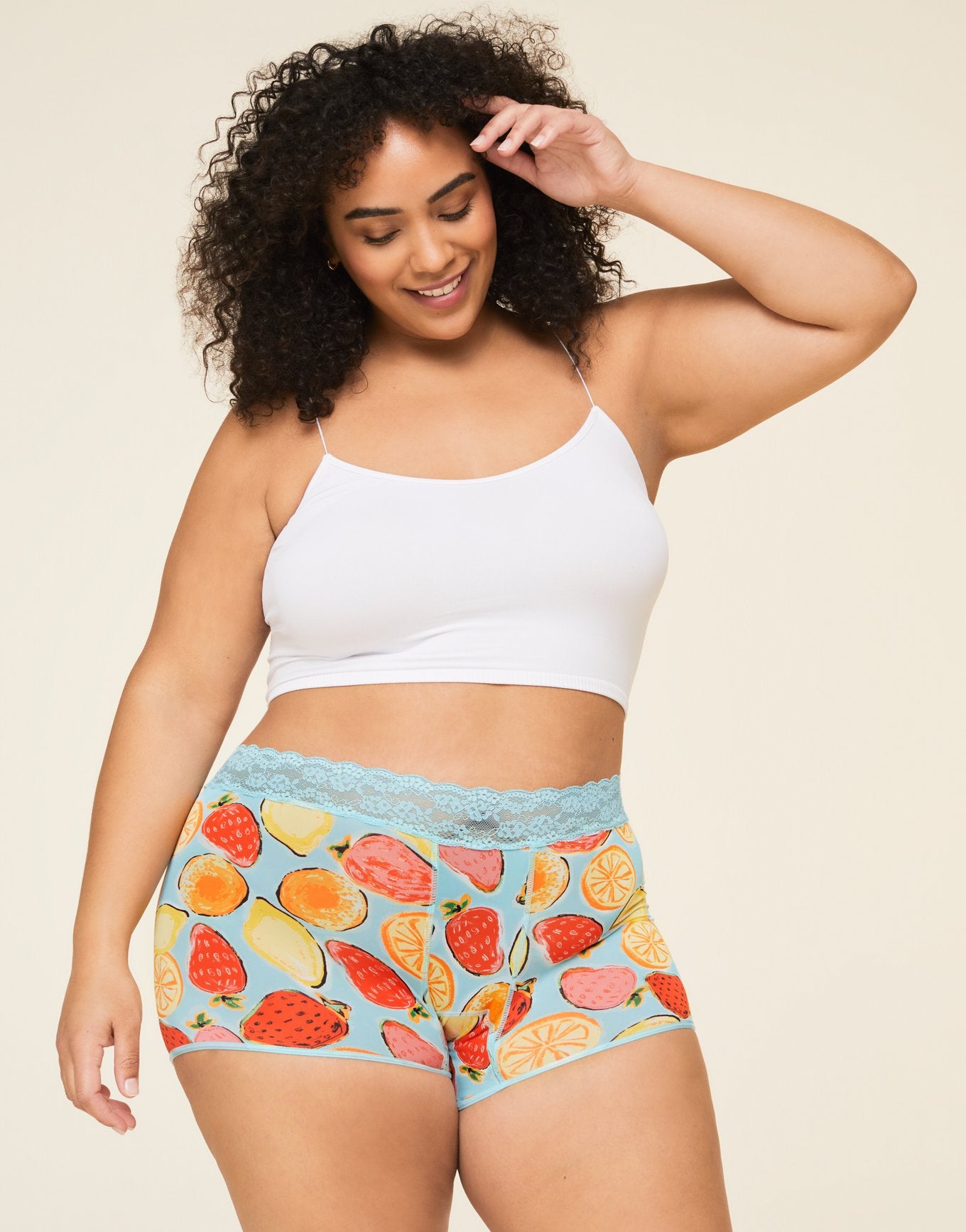 Joyja Emily period-proof panty in color Painterly Fruit C01 and shape shortie